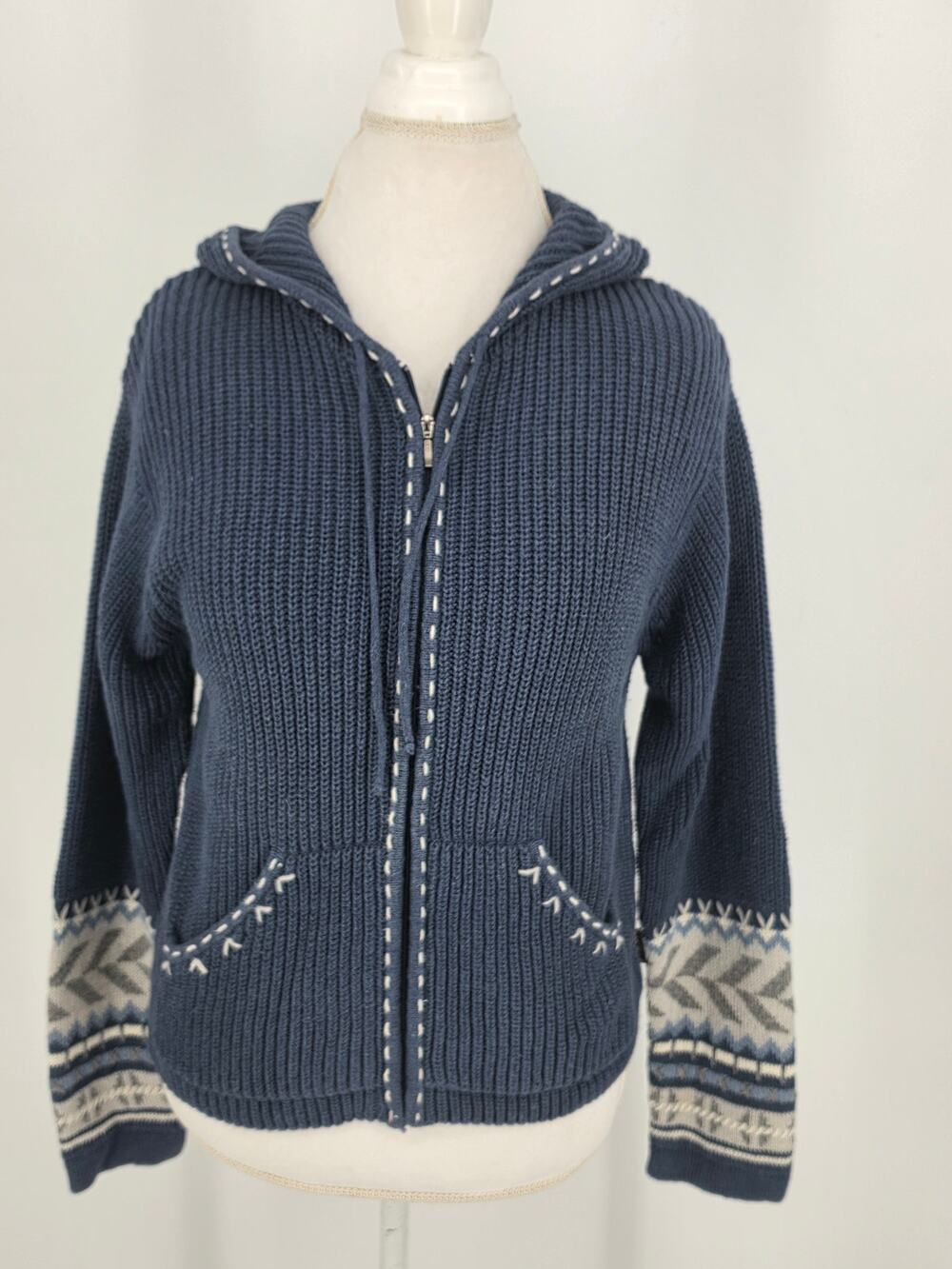 Woolrich Womens Size M Blue Knit Hoodie Cardigan Sweater Fair Isle Sleeve Zip